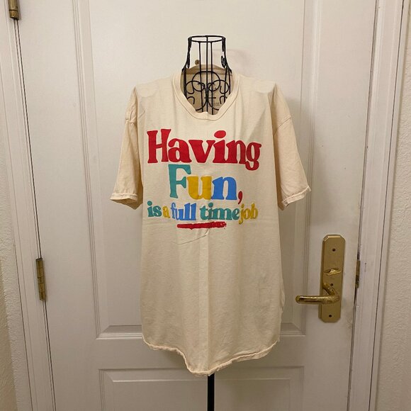 PS/LA "Having Fun is a full time job" Multicolor Cream Graphic T-Shirt One Size - Picture 1 of 6